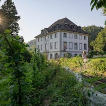 Der Tag erwacht, der Boden ist trocken. Der Garten beim Schloss Glarisegg ist so angelegt, dass möglichst wenig gegossen werden muss. Ganz ohne geht es nicht – Gartenleiterin Lisa Buzzi hilft nach.