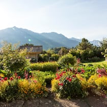Der Blick schweift über fröhlich blühende Blumen- und Gemüsebeete bis zu den pittoresken Berner Voralpen.