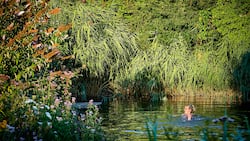 Anna Ammann geniesst ein erfrischendes Bad im Schwimmteich. Schilf und Seggen helfen, das Wasser auf natürliche Weise zu reinigen.