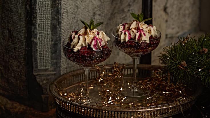 Cheesecake-Schaum mit Heidelbeer-Granité und Crumble