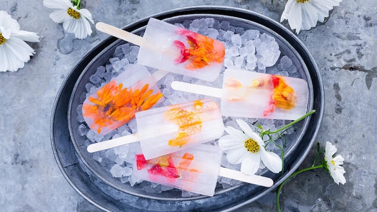 Essbare Blüten wie Ringelblumen und Kapuzinerkresse kommen in der selbst gemachten Glace wunderschön zur Geltung. Eine tolle Idee auch, um ein Sommerbuffet zu schmücken und frisch zu halten.
