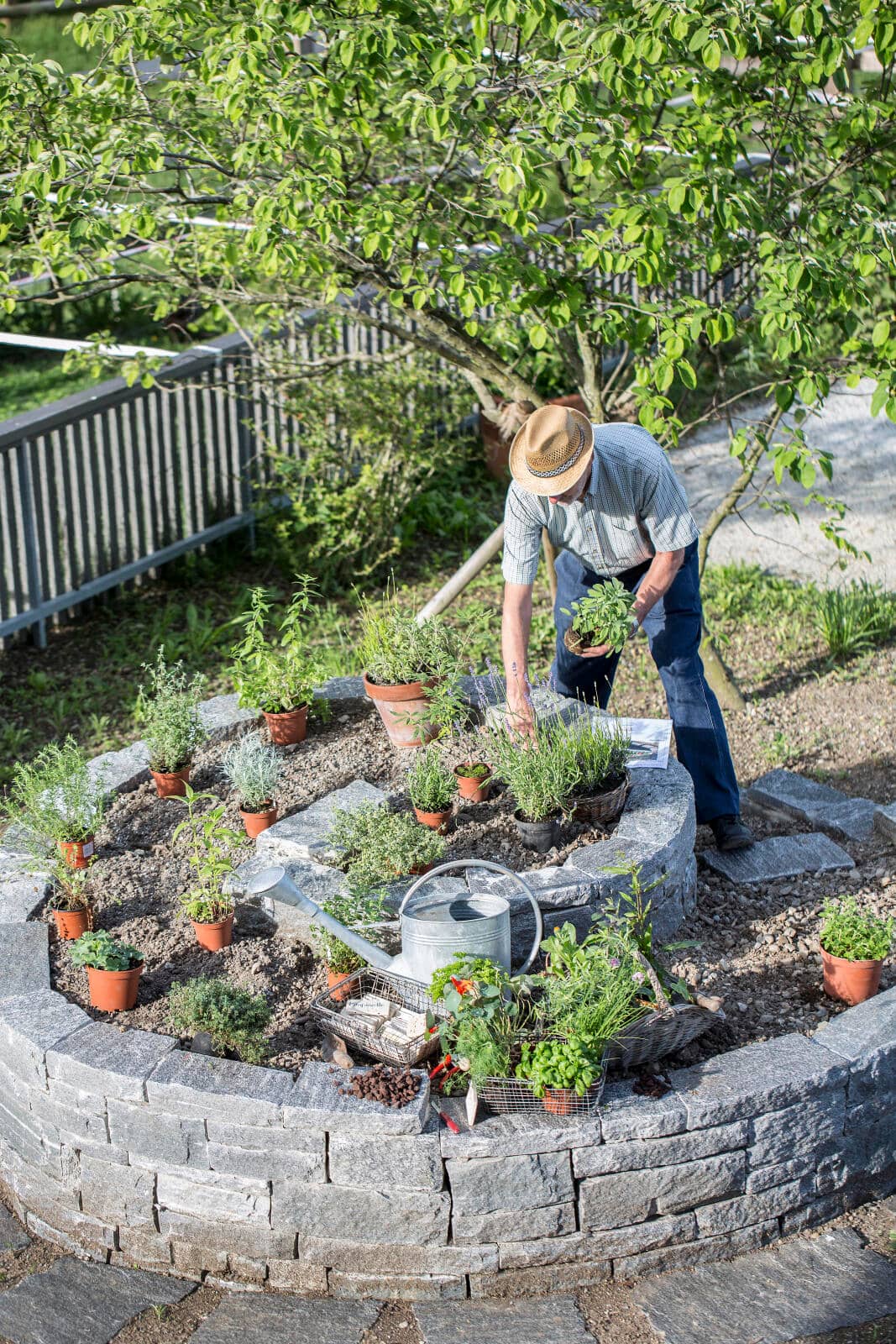 Garten-Experte Peter Lippus richtet Kräuter in Kräuterspirale an