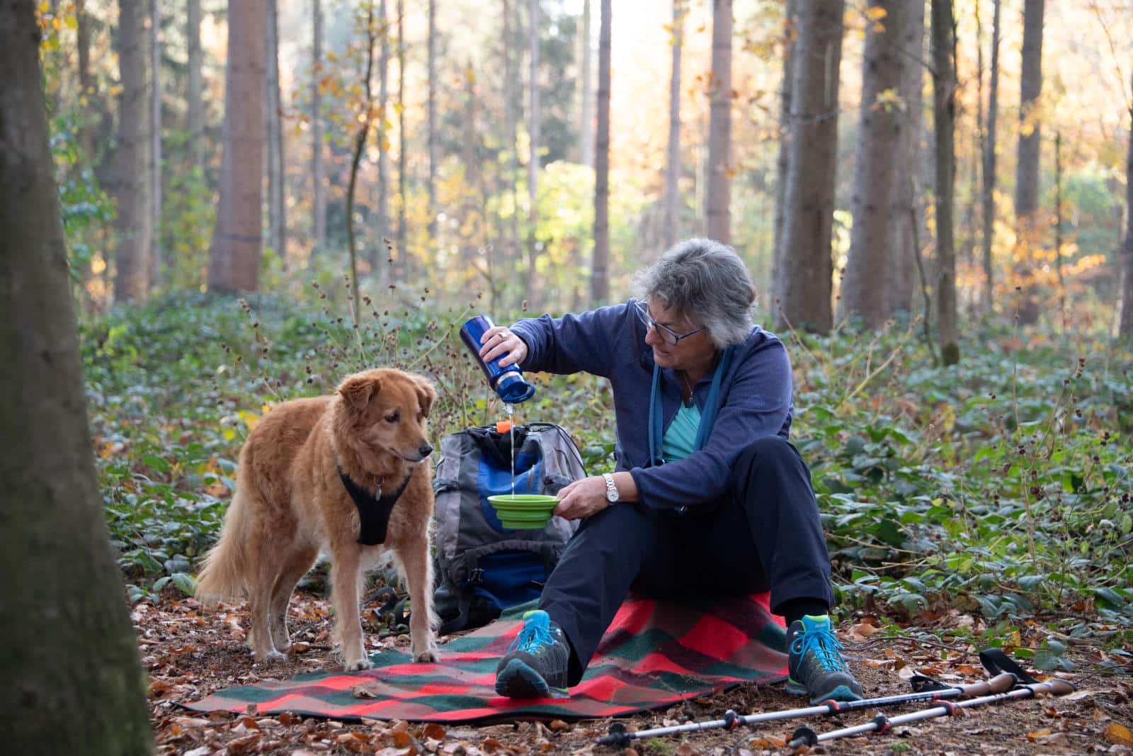 Mischlingshündin Tapas kriegt von Chefin Christine Nydegger Wasser in einem Trinknapf