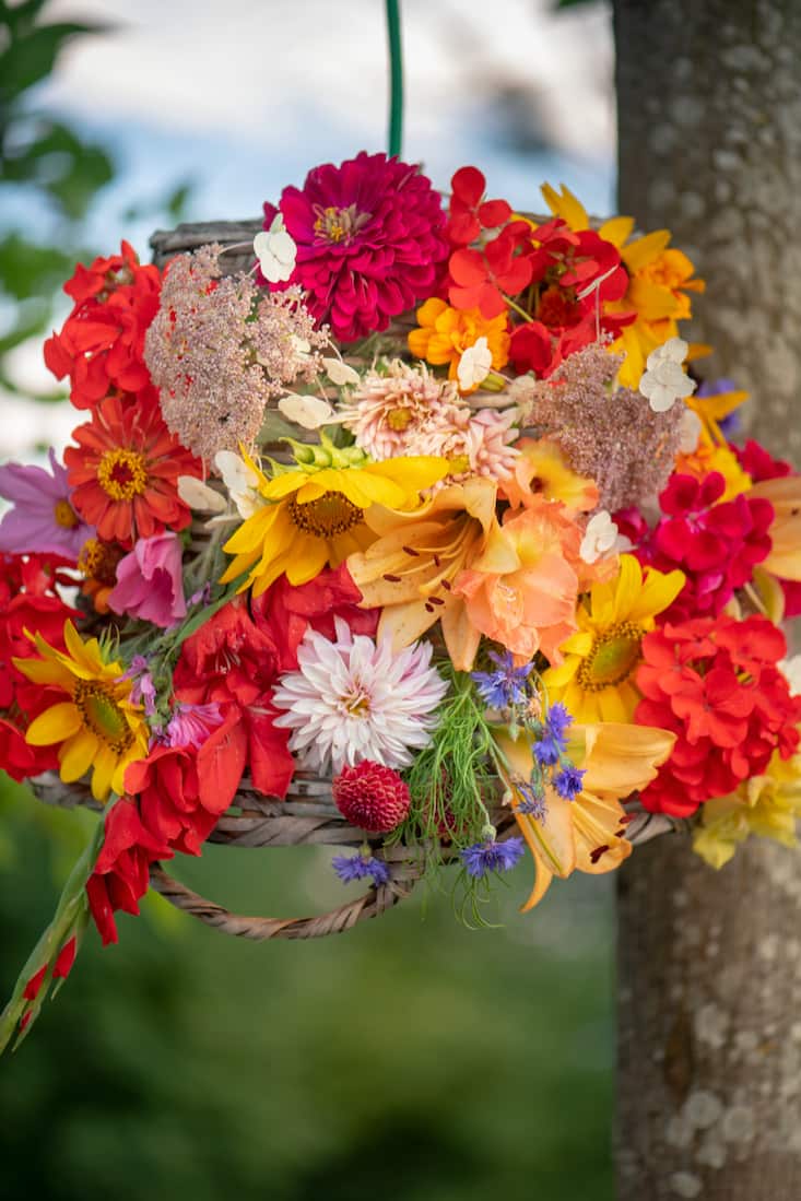 Blumenleuchte aus Dahlien, Zinnien, Gladiolen