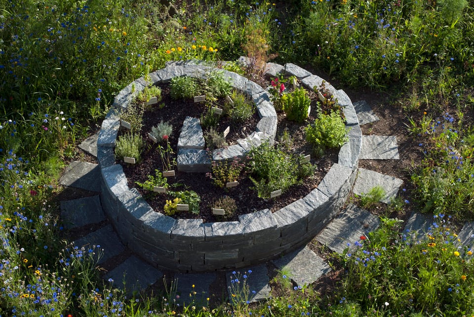 Kräuterspirale LandLiebe-Garten umgeben von blühenden Blumen